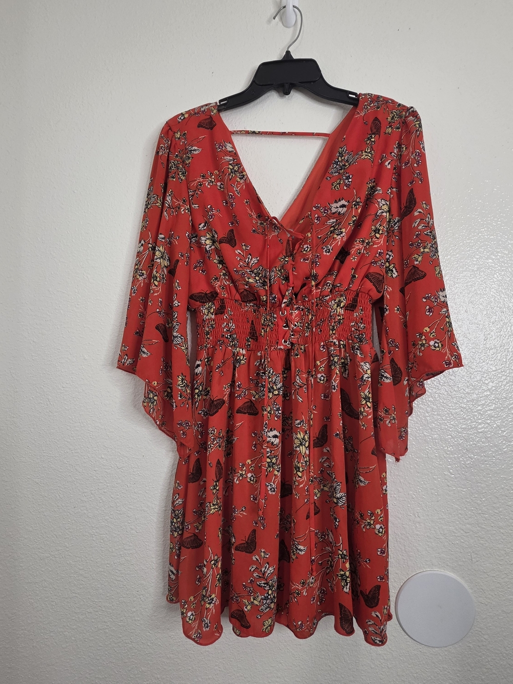 Bailey Blue Red Butterfly Floral Smocked Corset Dress Bell Sleeve Medium Boho